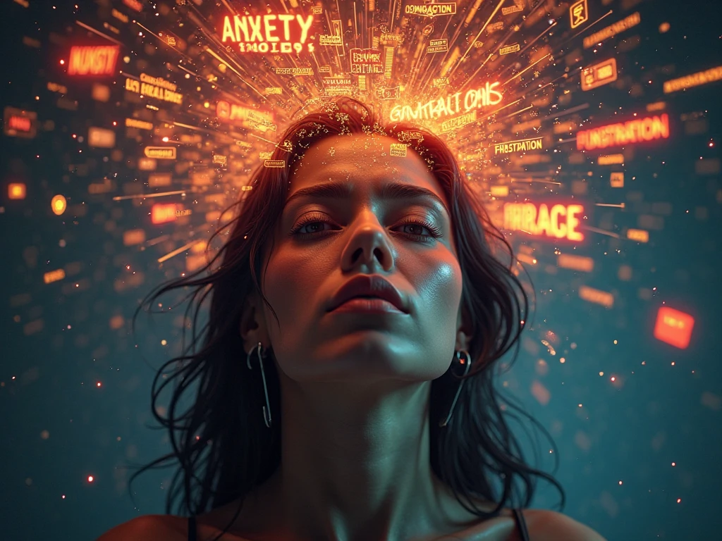 A realistic and futuristic digital illustration of an adult woman, with a sad and anguished expression, her eyes downcast, reflecting a deep sense of mental fatigue and overload. The woman's face shows exhaustion and despair, while her gaze appears hypnotized as if trapped in a state of mental trance.

Around her head, chaotic digital elements swirl in a hypnotic pattern—large, illuminated words like ‘ANXIETY’, ‘DISTRACTION’, ‘COMPARISON’, ‘OVERLOAD’, ‘PROBLEMS’, ‘TASKS’, ‘FRUSTRATION’ in shades of carmine red and golden energy, making them stand out intrusively and intensely.

Among these elements, social media app icons, message notifications, like counters, warning signs, and fragmented lines of code float uncontrollably, symbolizing information overload and mental distraction.

The background is dark and subtly blurred, creating an immersive and intense atmosphere. The floating energy around the woman’s head feels heavy and invasive, with notifications pulsating as if constantly demanding attention. The lighting is moody and elegant, maintaining a sophisticated and futuristic aesthetic, fully aligned with the brand's visual identity.