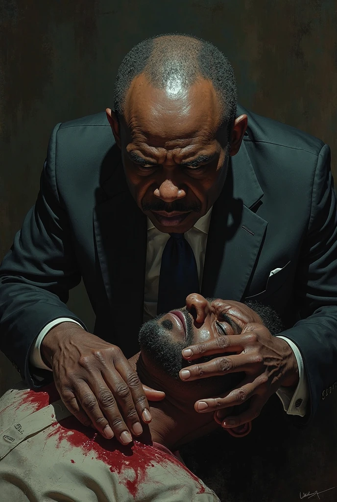 Christian pastor with a bleeding hand tied to a chair