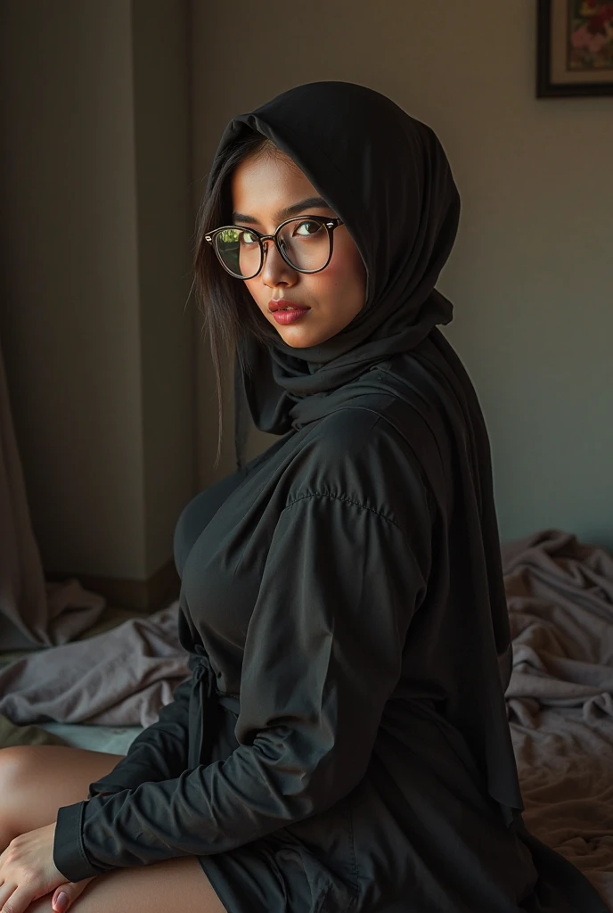 Black hair turkish woman hijab black eyes glasses slim face