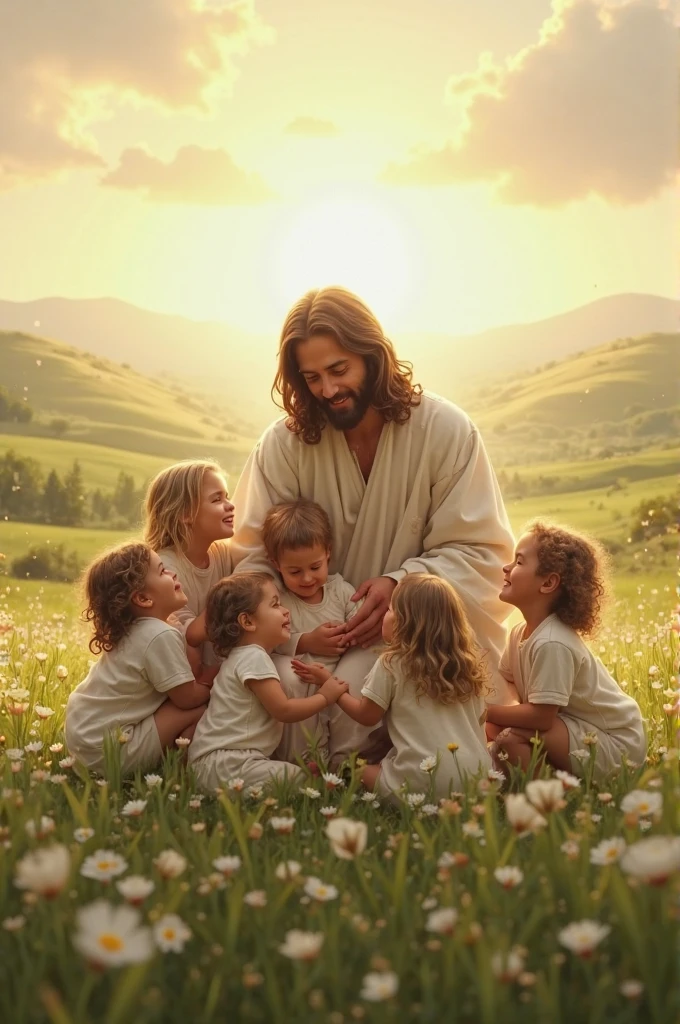 Jesus smiling next to children in a green field