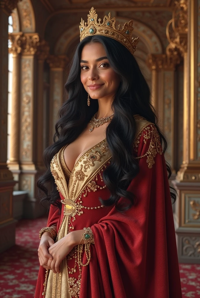 realistic portrait of an extremely beautiful Salvadorean woman of royalty, detailed facial features, piercing eyes, elegant long eyelashes, beautiful lips, delicate nose, intricate royal jewelry, ornate headdress, lavish palace interior, golden accents, wearing a sexy outfit, slutty outfit, erotic outfit, dramatic lighting, highly detailed, photorealistic, 8k, cinematic composition, dramatic pose, elegant, regal, masterpiece