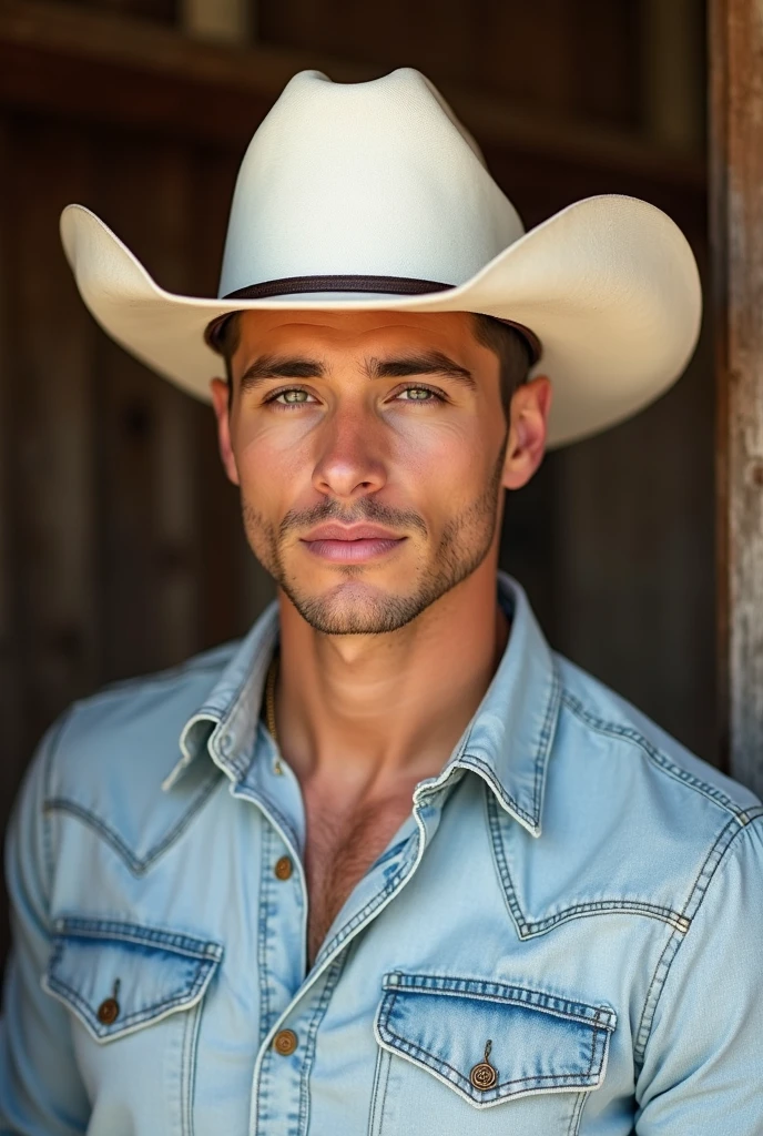 "A handsome young cowboy with chiseled features, wearing a classic white cowboy hat and a light denim button-up shirt. He has piercing eyes, smooth tan skin, and a confident yet calm expression. The background is a warm, rustic setting, possibly inside a wooden barn or a country-style lodge. The lighting is soft and natural, enhancing his strong jawline and well-defined cheekbones. The atmosphere exudes a modern Western aesthetic, combining traditional cowboy charm with a hint of high-fashion appeal."
