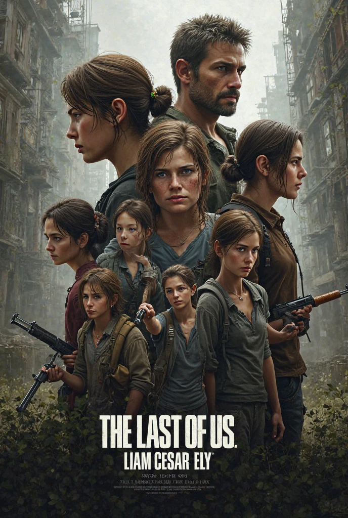 Imagine uma capa para o livro "Fim", A Story of Survival in the Zombie Apocalypse. A capa apresenta um fundo escuro e opressivo, with threatening clouds. No centro da capa, Destaques Vick, a protagonista corajosa, 14 anos, Holding the baby in your arms, blue eyes Ellie face The Last of Us Game. She's in a pose of determination, with the gaze reflecting courage and resilience. Ao redor de Vick, sombras sinistras de zumbis se destacam, conveying the constant threat she faces. The title "Fim" aparece em letras marcantes e impactantes, talvez com um efeito de textura ou sombreamento. detalhes sutis, as rubble or a symbol representative of the plot, can be added to accentuate the post-apocalyptic mood.