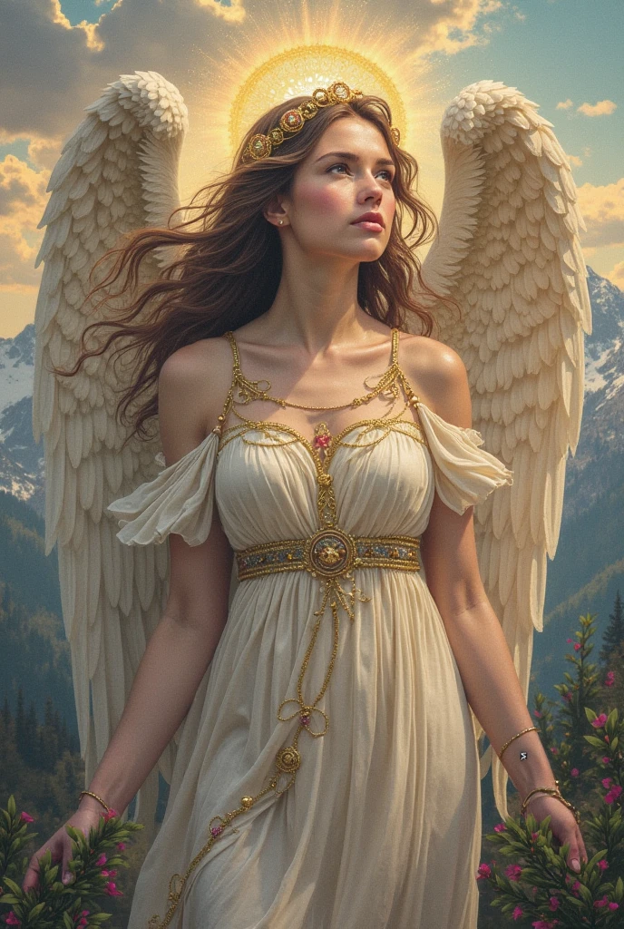 Beautiful female angel standing in the Garden of Eden, whole body, Holding a sword, Daytime, whole body