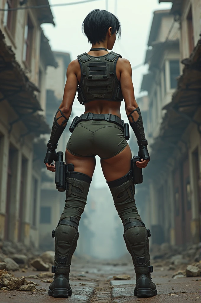 1 African American Warrior Girl 18 Years,Big Breasts,Full Body,Perfect,8k Surrealism, Side Angle Back,In An Apocalyptic City,No Distortion,No Freak