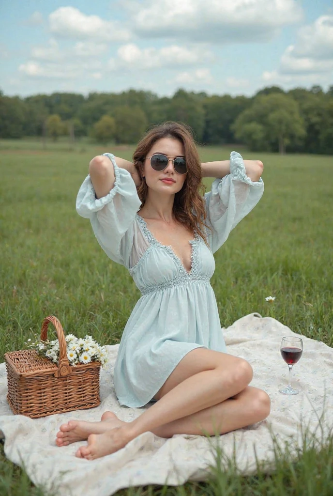 Imagine an influencer lying on a picnic, engulfed in the charm of nature. She radiates charm in a flowing, bohemian chic dress, exuding effortless elegance