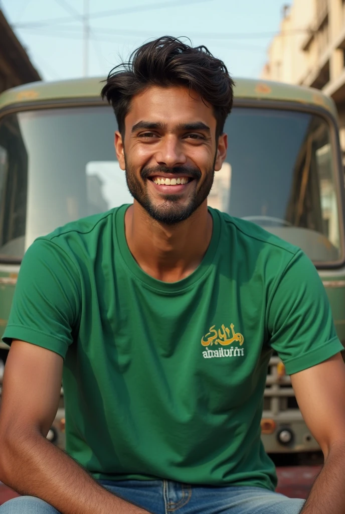 Create an image a man has in his hand Pakistan flag and sit the car this car colour is green men pent colour is white and his shoes is green and his T shirt colour is green"Shaban" name write in his T shirt 