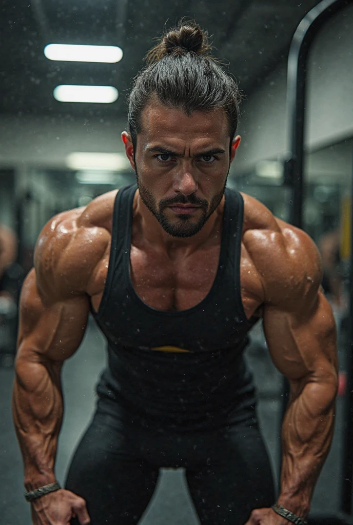 Realistic image, best quality, blanc, French, grand , muscle, beau, 30 ans, barbe noire , avec des yeux noirs noires ,dans une salle de sport