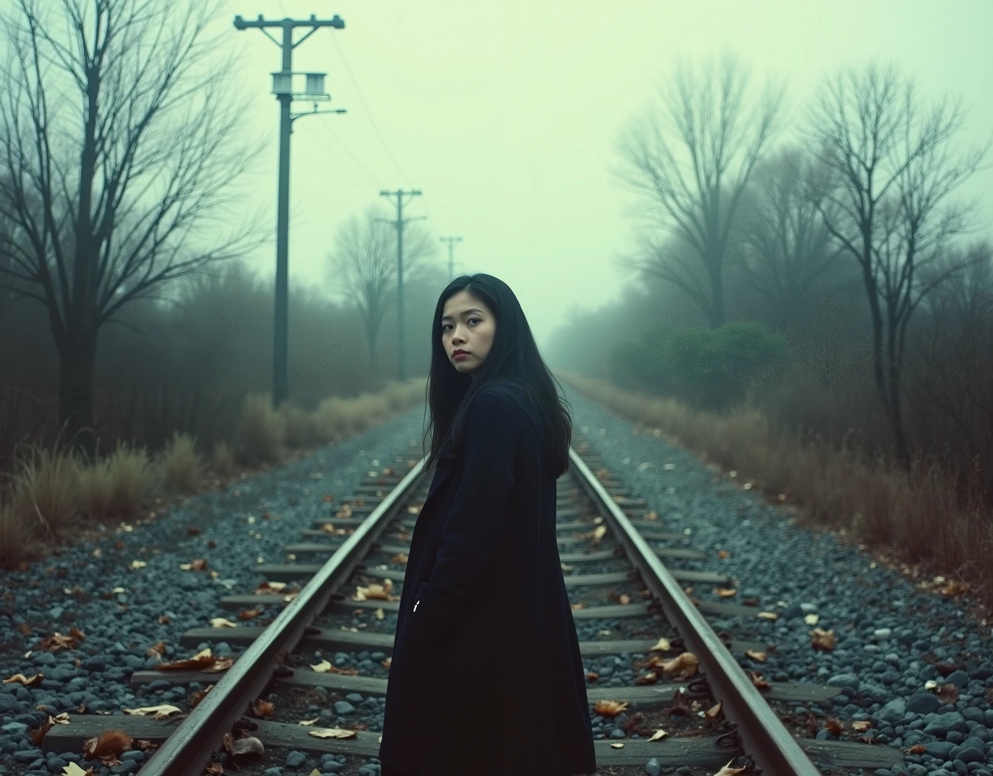 Cinematic photography, eye-level view of a young woman standing on a desolate dirt road covered in dry, scattered leaves. She wears a long, dark overcoat that drapes over her frame, blending with the somber atmosphere. Her body is slightly leaning back, one arm extended behind her, and her head turns to face the camera — her expression a mix of longing and quiet defiance. To her left, an abandoned railway runs parallel to the road, its rusted tracks disappearing into the dense, rolling fog. The steel rails glisten faintly with moisture, adding an industrial, forgotten feel to the scene. Barren trees and lifeless shrubs line both sides of the path, their silhouettes softened by the mist. The background fades into an eerie void, as both the road and railway vanish into the haze. Muted, cold colors dominate the palette — shades of gray, deep brown, and black — with the subtle orange of the fallen leaves adding a faint, dying warmth. The lighting is soft and diffused, with no harsh shadows, as if the sun is an absent figure behind the fog. Shot from a slightly low angle, the image conveys a sense of movement and isolation. The shallow depth of field keeps the woman in sharp focus while the misty background blurs into obscurity, adding depth and a touch of mystery. The air feels heavy, and the scene exudes a melancholic, cinematic quality.