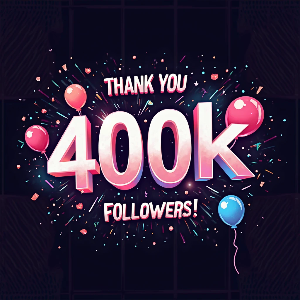 Written in dark script "400 followers! Thank you.".

Nice neon scrolls top and bottom. Sinsiter atmosphere.

DarkAtmosCE style.