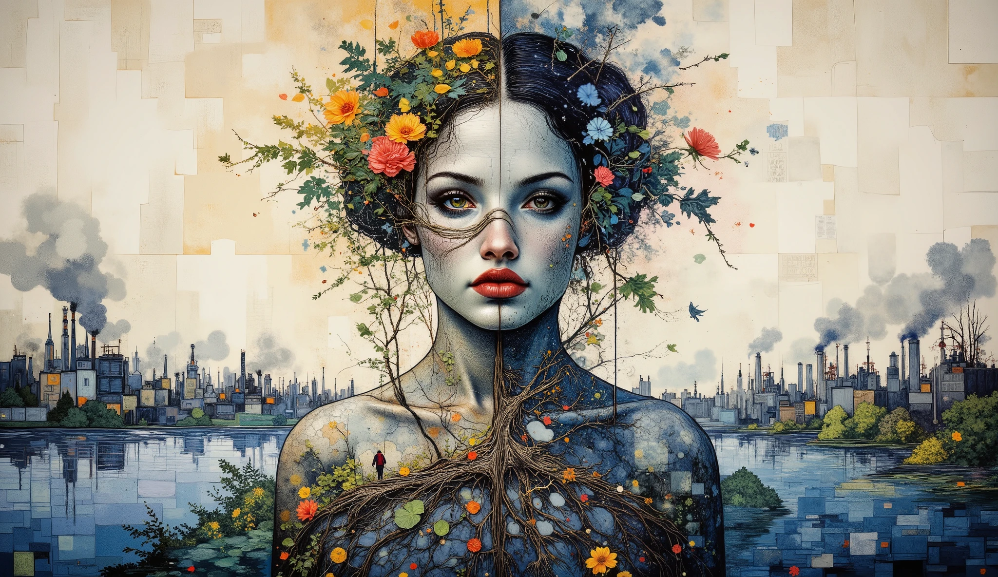 Create a powerful environmental mural depicting a divided Mother Nature figure. One half of her body is vibrant with leaves and flowers growing from her skin, while the other half withers with cracked, gray skin. She wears an oxygen mask connected to the last remaining trees. Her root-like veins extend into a cityscape below, where tiny humans both contribute to pollution and attempt to protect the environment. The background transitions from a toxic factory landscape with billowing smoke on one side to a desperate attempt at restoration on the other. A contaminated lake reflects the contrasting skies. Endangered animals seek shelter near Mother Nature's feet. Execute this in a style combining bold mural aesthetics with dramatic ink splashes that bleed across boundaries, and incorporate Van Gogh's distinctive swirling, textured brushstrokes especially in the sky and nature elements. Use a somber palette dominated by grays and toxic greens with occasional touches of hope represented through small areas of brighter colors. The overall effect should create visual tension between destruction and resilience, with swirling brushstrokes creating a sense of unsettling movement throughout the composition