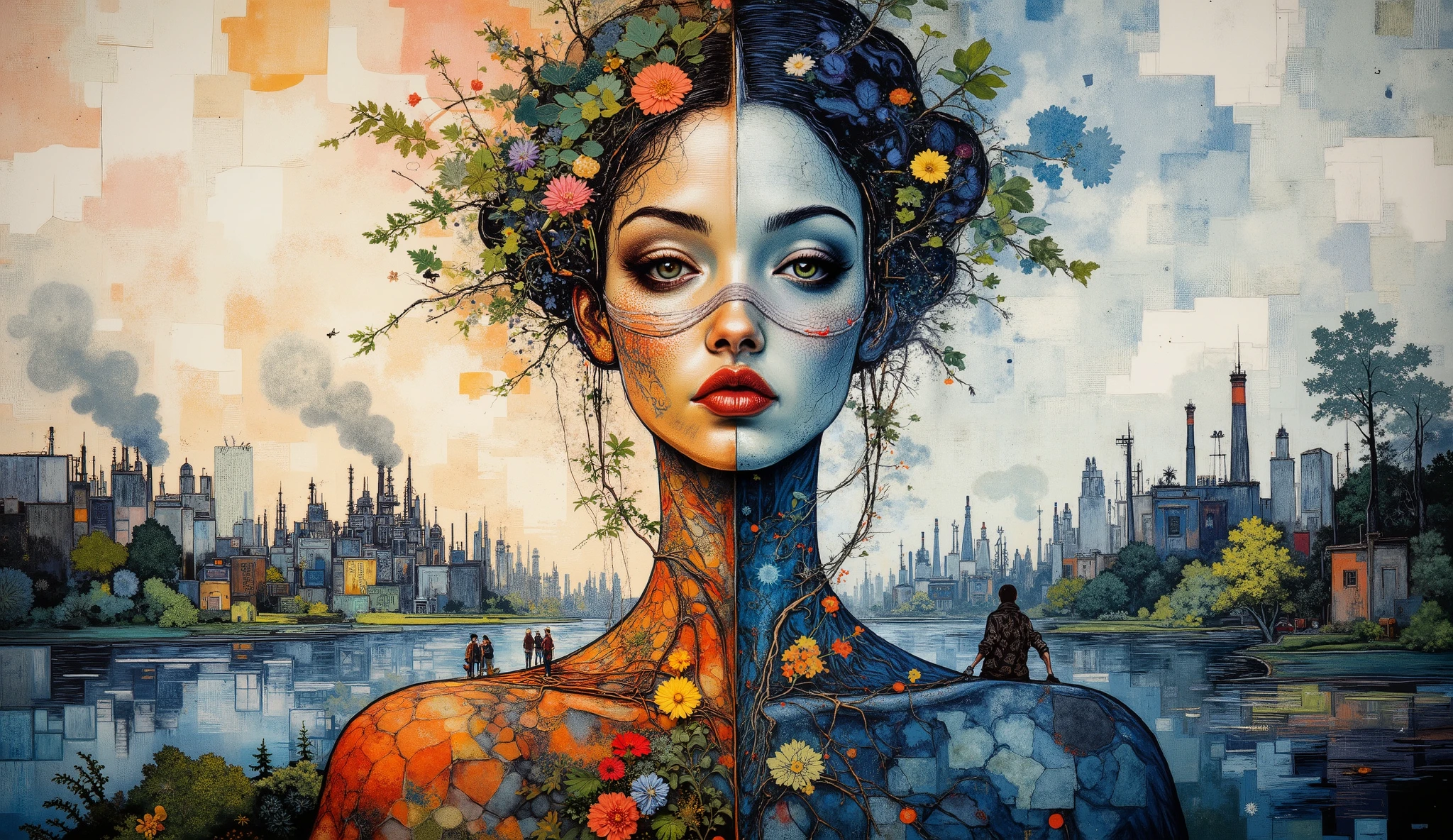 Create a powerful environmental mural depicting a divided Mother Nature figure. One half of her body is vibrant with leaves and flowers growing from her skin, while the other half withers with cracked, gray skin. She wears an oxygen mask connected to the last remaining trees. Her root-like veins extend into a cityscape below, where tiny humans both contribute to pollution and attempt to protect the environment. The background transitions from a toxic factory landscape with billowing smoke on one side to a desperate attempt at restoration on the other. A contaminated lake reflects the contrasting skies. Endangered animals seek shelter near Mother Nature's feet. Execute this in a style combining bold mural aesthetics with dramatic ink splashes that bleed across boundaries, and incorporate Van Gogh's distinctive swirling, textured brushstrokes especially in the sky and nature elements. Use a somber palette dominated by grays and toxic greens with occasional touches of hope represented through small areas of brighter colors. The overall effect should create visual tension between destruction and resilience, with swirling brushstrokes creating a sense of unsettling movement throughout the composition