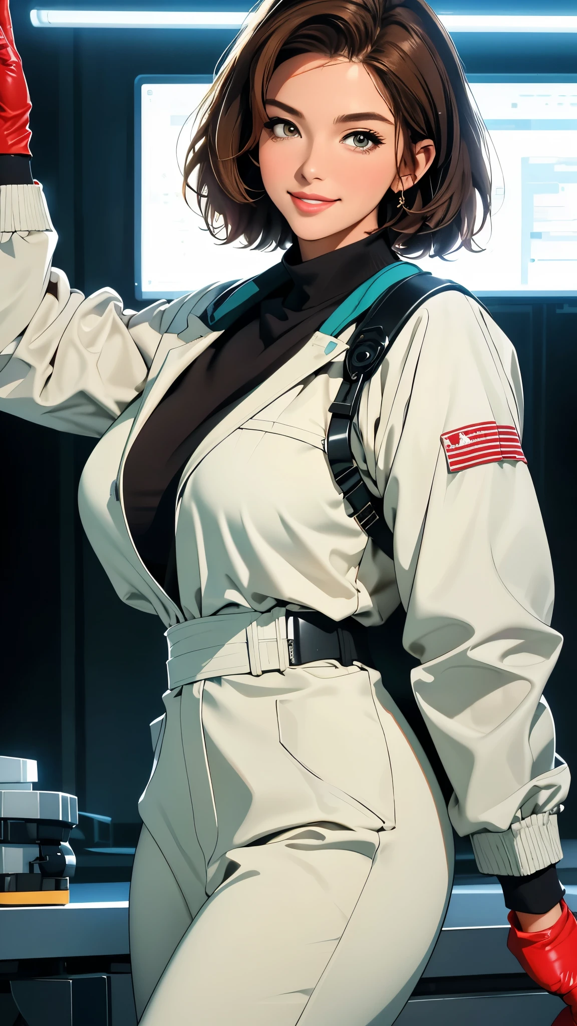 best quality, glossy, 4k, ((artwork)), extremely detailed, 8k, mature woman, milf, short brown hair, doctor's jacket, surgical gloves, no background, large breasts, full lips, smile, standing, beautiful eyes