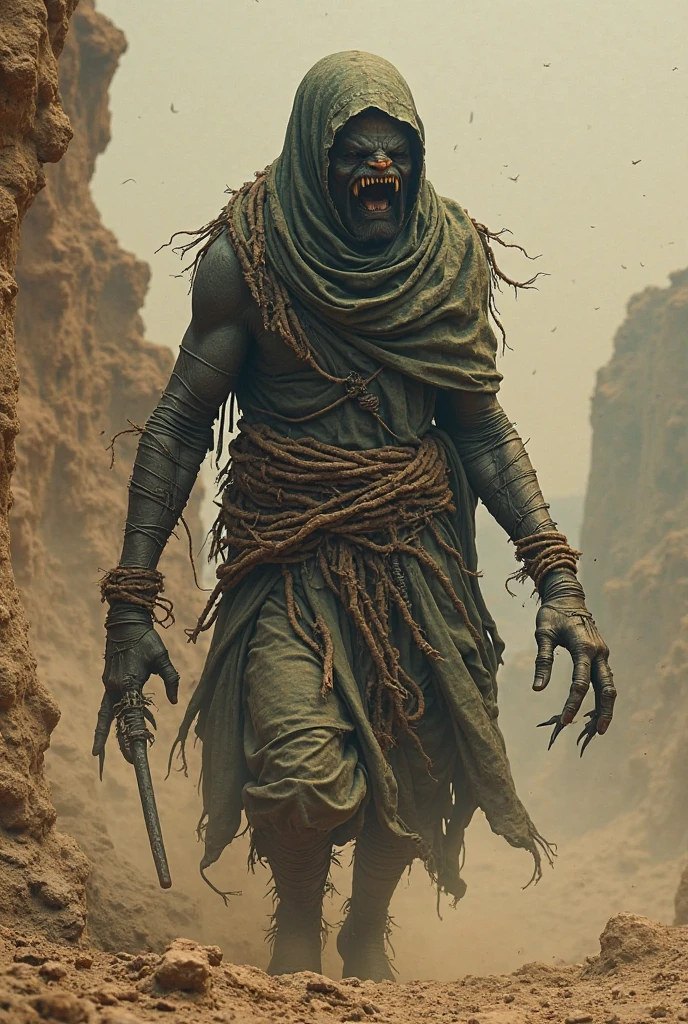 Une momie mystique de fantasy sombre avec des yeux brillants, portant des bandages en lambeaux et usés avec des toiles d'araignée suspendues aux bandages. La créature a des muscles différents, et elle a des muscles des jambes bombés, comme pour punir son ennemi, pose de combat, face vers l'avant. Montrant les muscles de son corps. Des scarabées rampents au pied de la momie. Arrière-plan de la pyramide de ghyzee est effrayant, sombre et brumeux. Éclairage dramatique, fumée et pleine lune dans le ciel.