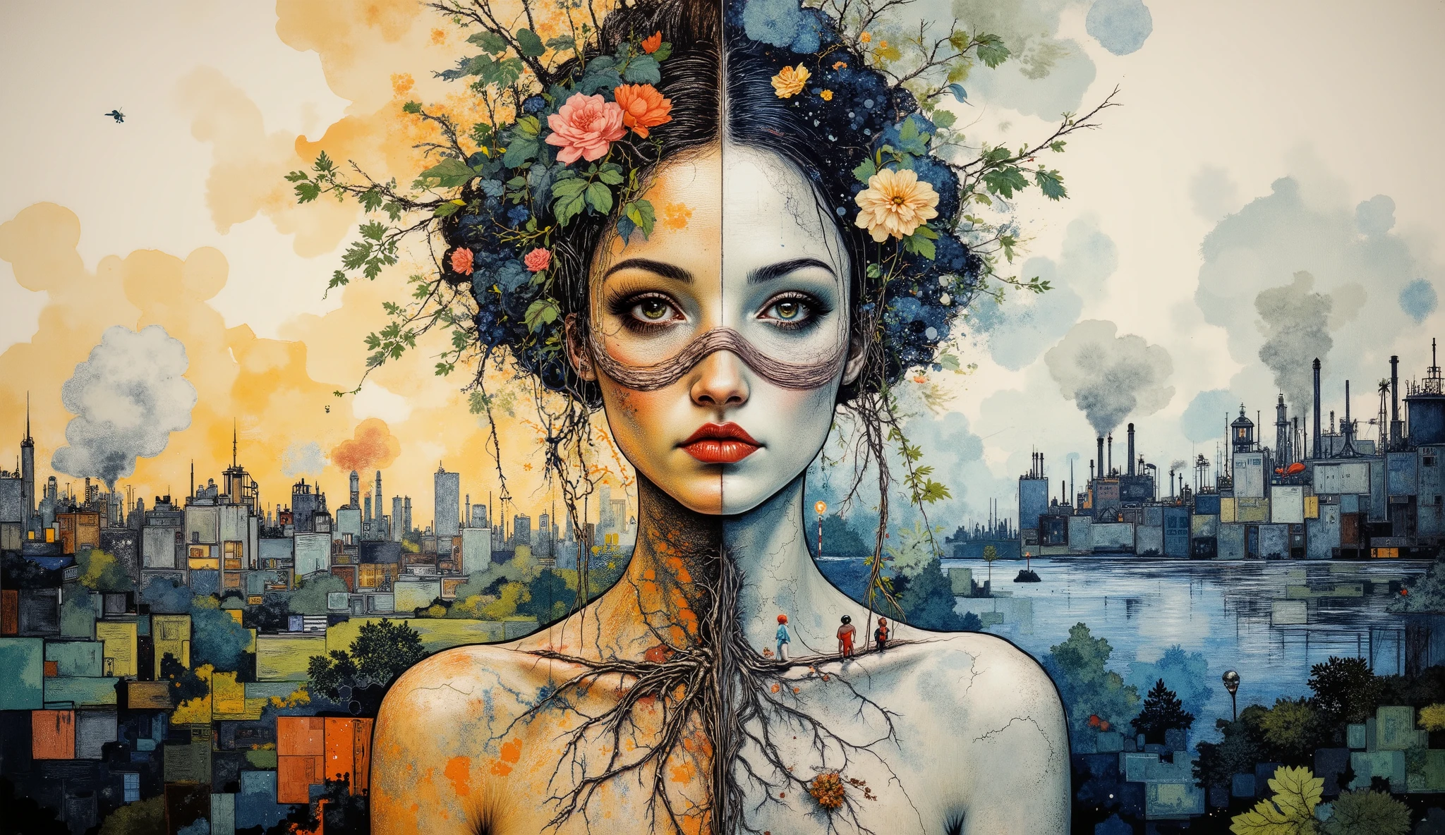 Create a powerful environmental mural depicting a divided Mother Nature figure. One half of her body is vibrant with leaves and flowers growing from her skin, while the other half withers with cracked, gray skin. She wears an oxygen mask connected to the last remaining trees. Her root-like veins extend into a cityscape below, where tiny humans both contribute to pollution and attempt to protect the environment. The background transitions from a toxic factory landscape with billowing smoke on one side to a desperate attempt at restoration on the other. A contaminated lake reflects the contrasting skies. Endangered animals seek shelter near Mother Nature's feet. Execute this in a style combining bold mural aesthetics with dramatic ink splashes that bleed across boundaries, and incorporate Van Gogh's distinctive swirling, textured brushstrokes especially in the sky and nature elements. Use a somber palette dominated by grays and toxic greens with occasional touches of hope represented through small areas of brighter colors. The overall effect should create visual tension between destruction and resilience, with swirling brushstrokes creating a sense of unsettling movement throughout the composition