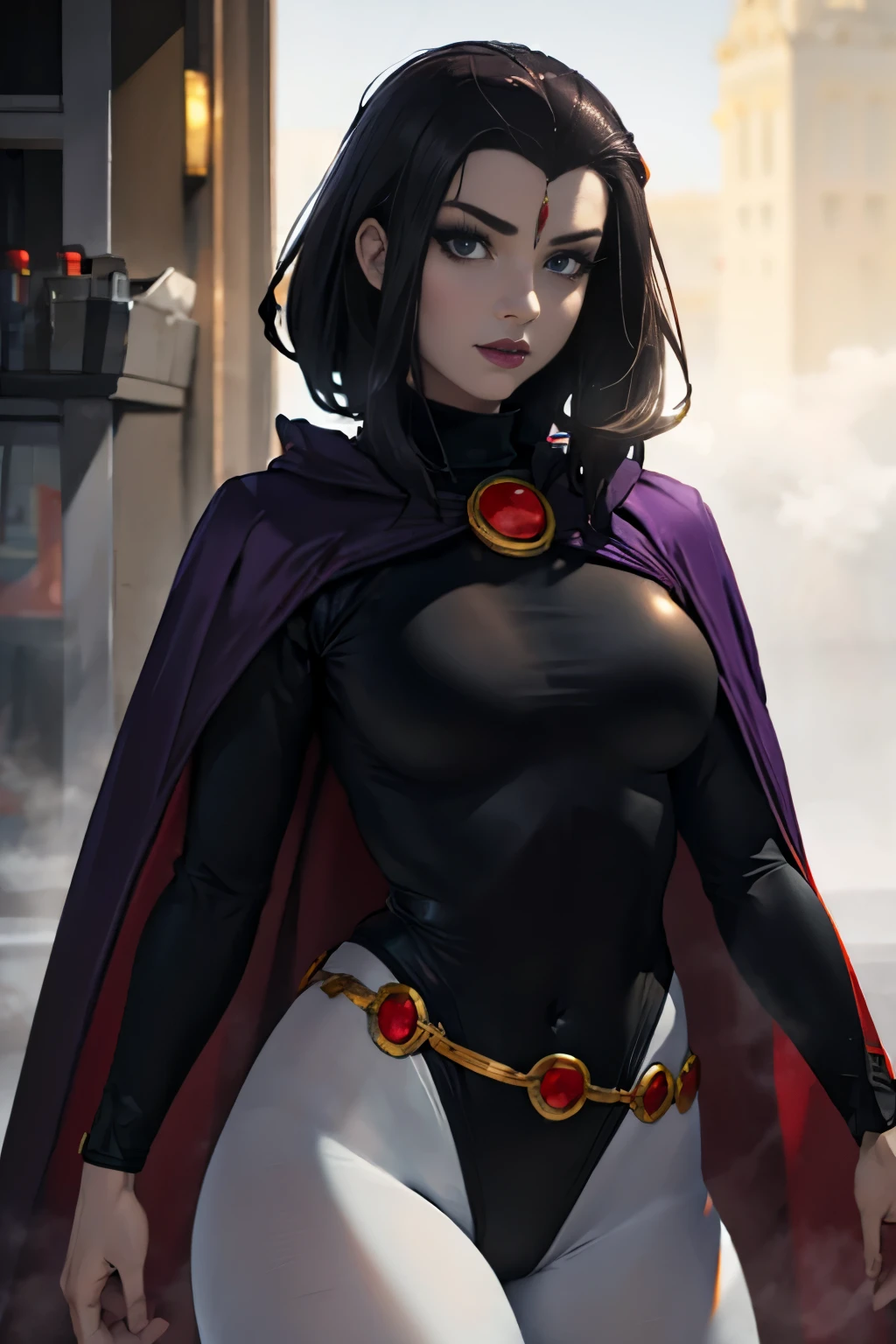 enji night as 1girl, cowboy shot of raven cosplay, pale skin, black leotard, turtleneck, tights, large sexy hips, cape, gold belt, jewels, medallion, athletic, looking at viewer, mist, fog, volumetric lighting, best quality, masterpiece, intricate details, sharp focus, realistic