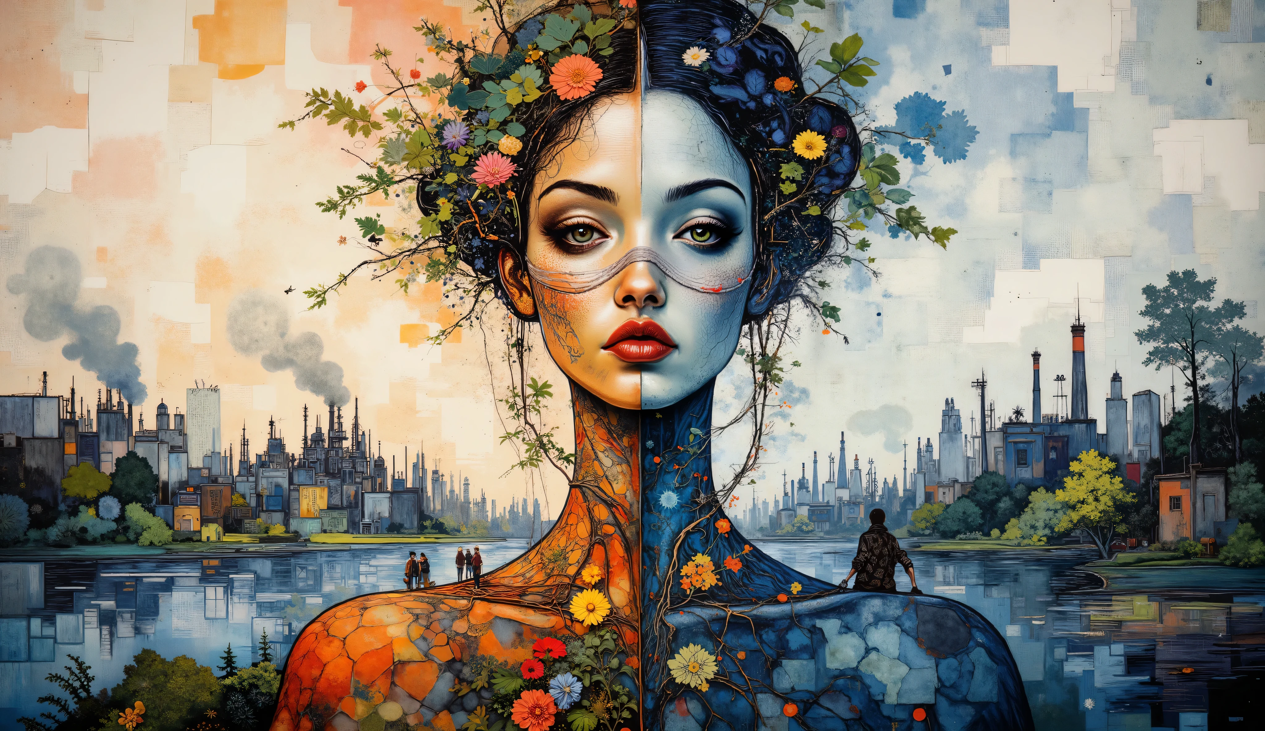 Create a powerful environmental mural depicting a divided Mother Nature figure. One half of her body is vibrant with leaves and flowers growing from her skin, while the other half withers with cracked, gray skin. She wears an oxygen mask connected to the last remaining trees. Her root-like veins extend into a cityscape below, where tiny humans both contribute to pollution and attempt to protect the environment. The background transitions from a toxic factory landscape with billowing smoke on one side to a desperate attempt at restoration on the other. A contaminated lake reflects the contrasting skies. Endangered animals seek shelter near Mother Nature's feet. Execute this in a style combining bold mural aesthetics with dramatic ink splashes that bleed across boundaries, and incorporate Van Gogh's distinctive swirling, textured brushstrokes especially in the sky and nature elements. Use a somber palette dominated by grays and toxic greens with occasional touches of hope represented through small areas of brighter colors. The overall effect should create visual tension between destruction and resilience, with swirling brushstrokes creating a sense of unsettling movement throughout the composition