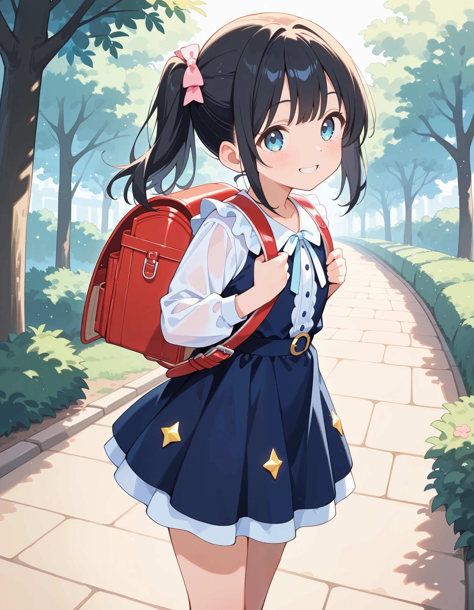 masterpiece, High resolution, 2d, anime, Black Hair p○nytail, hair ribb○n, 1girl wearing a pink id○l dress (((A sparkling idol dress:1.2)))、(Wearing a flipped up, too short mini frill skirt), (Yellow Hairのアジア人), Outdoor, ponytail, Are standing, Outdoor, wearing red Backpack, wearing Randoseru backpack、Has bangs、Twin tails:1.2, ponytail, Are standing, potrait, smile