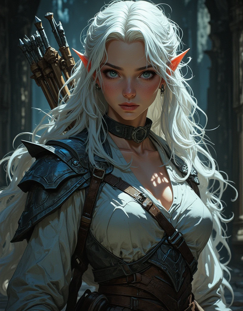 masterpiece, high quality, 1_woman, ((upper body)), ((hand on hip)), standing, (exotic skin_complexion:1.4), mature, (looking away from the viewer), (BLUSHING face), tall, beautiful, exotic, with long elf ears, long hair, silver hair, detailed face, having diamond shaped eyes, blue eyes, (dark_eyeliner), long_eyelashes medium_bust, wearing fantasy corset, chest window, (black skirts), crossing belts, long fingerless_gloves, belts with metal gears, black thigh highs with embroidery, knee boots with laces, dynamic lighting casts detailed shadows, mountains in distance, walking path, grassy field, night sky, stars,
