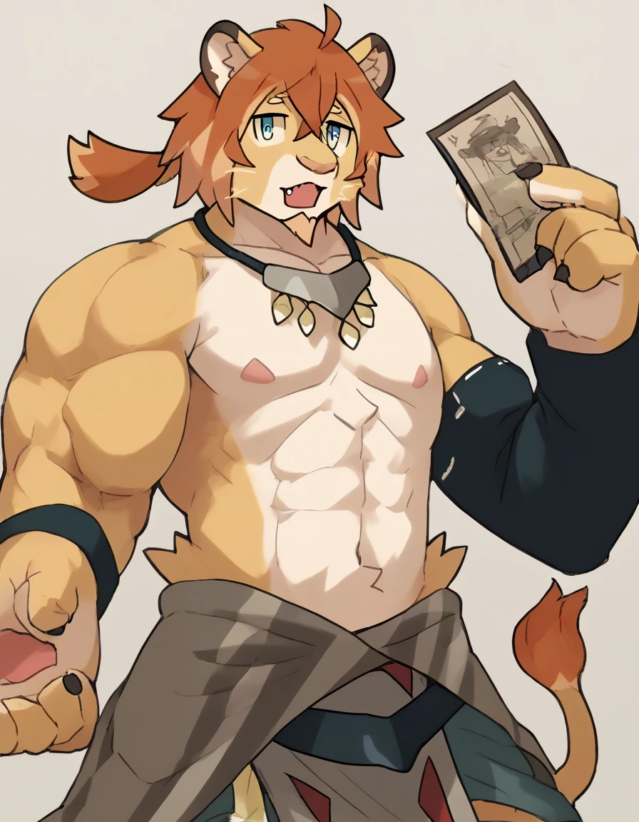 Male, demihuman, Light auburn hair,Bangs, Messy Hair, vitiligo skin, toned and lean, shirtless, freckles, light blue eyes, dog ears, baggy pants, dog tail,dog collar, sexy face, Solo, High Resolution, Anatomically Correct, Accurate, Best Quality, High Details, HD, sweaty