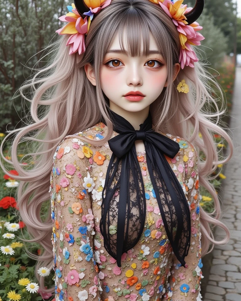 documentary photo, realistic, dramatic scene, very beautiful Japanese woman, famous beautiful Japanese idol, beautiful white transparent skin, detailed face skin texture with colorful with Sparkling and vibrant glitter makeup with gold powder, beautiful turquoise eyes, black colored short curly haired, Her body is tiled in pastel colors as part of a mosaic art, pastel tiled cute raffled lace dress with tiled body, She is standing in front of the mosaic art relief of an animated chibi-devil-girl and looking at it, Breathtakingly precise and magnificent mosaic art relief of cute animated chibi-devil-girl, mosaic art of animated chib-devil-girl\(chibi-anime character, chibi-anime character, mosaic art on the relief, dark black devil, cute, big eyes, large circle eyes, black skin, evil smile, orange eyes, vivid orange eyes, dark black skin, looking down, wearing a cute Tyrolean-style capelet\(big, long, Tattered\), side shot of a full body), in the English garden, many kind of beautiful flowers with plants, brick gate, white cobblestone pavement, she looks sad, spot lighting, she shines As part of a breathtaking and spectacular work of art, full body shot, 