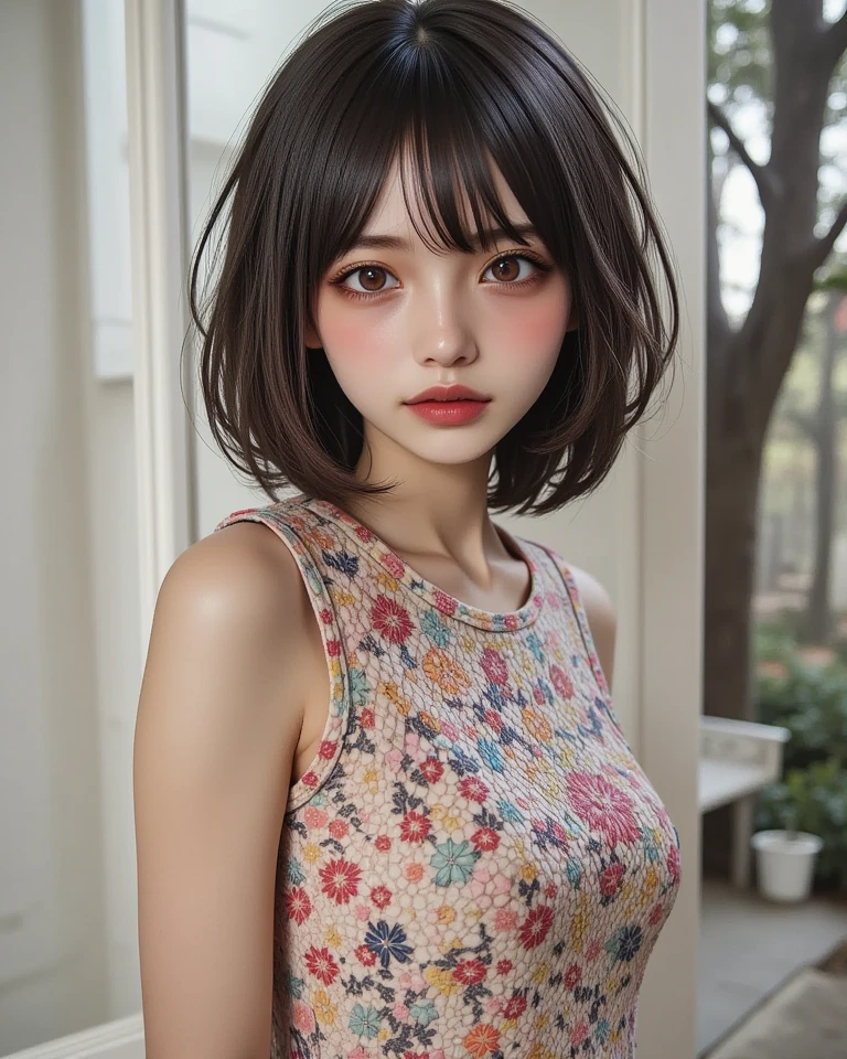 documentary photo, realistic, dramatic scene, very beautiful Japanese woman, famous beautiful Japanese idol, beautiful white transparent skin, detailed face skin texture with colorful with Sparkling and vibrant glitter makeup with gold powder, beautiful turquoise eyes, black colored short curly haired, Her body is tiled in pastel colors as part of a mosaic art, pastel tiled cute raffled lace dress with tiled body, She is standing in front of the mosaic art relief of an animated chibi-devil-girl and looking at it, Breathtakingly precise and magnificent mosaic art relief of cute animated chibi-devil-girl, mosaic art of animated chib-devil-girl\(chibi-anime character, chibi-anime character, mosaic art on the relief, dark black devil, cute, big eyes, large circle eyes, black skin, evil smile, orange eyes, vivid orange eyes, dark black skin, looking down, wearing a cute Tyrolean-style capelet\(big, long, Tattered\), side shot of a full body), in the English garden, many kind of beautiful flowers with plants, brick gate, white cobblestone pavement, she looks sad, spot lighting, she shines As part of a breathtaking and spectacular work of art, full body shot, 