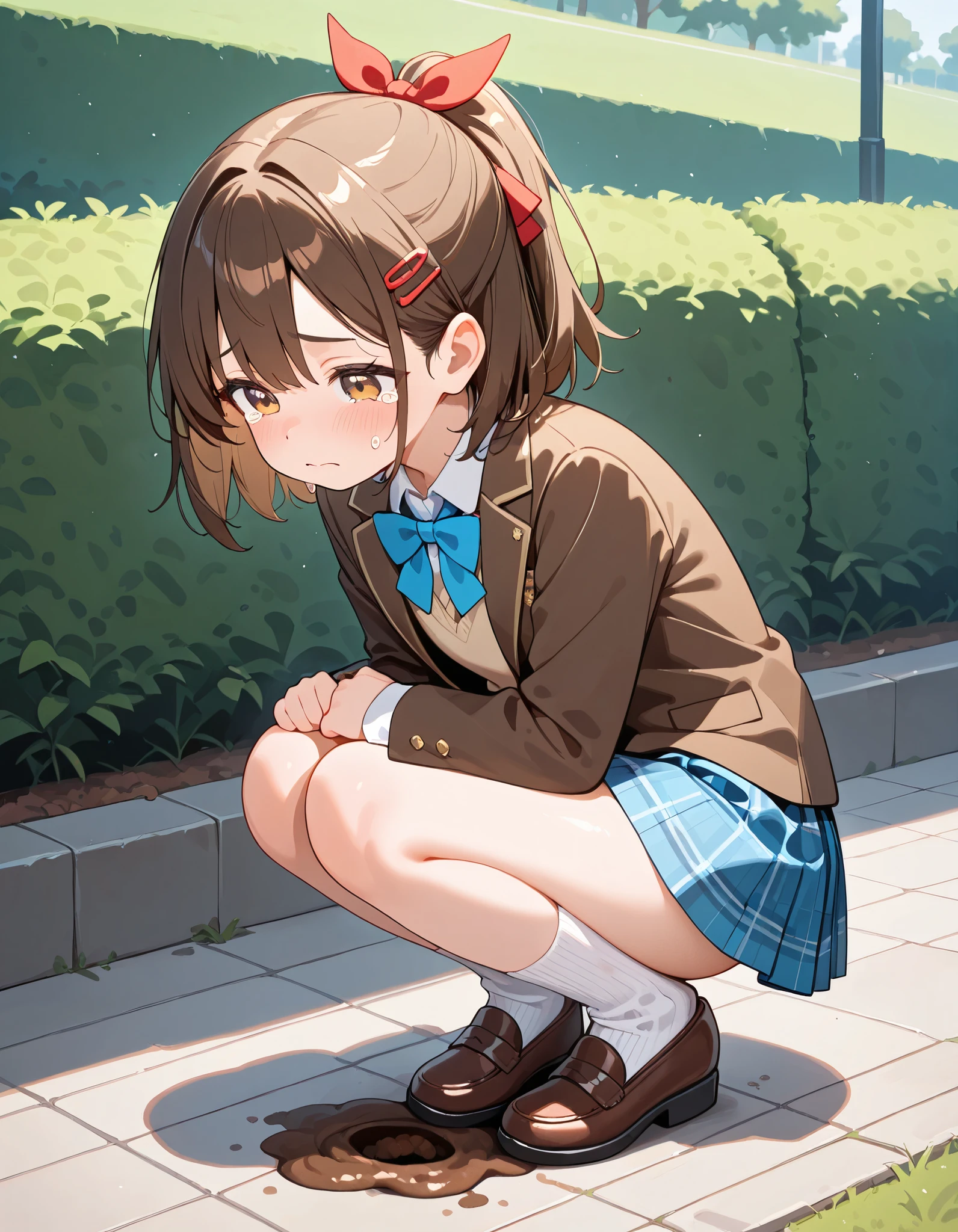 Masterpiece, hd, 1girl, cute girl, best quality, brown hair, medium hair, hair clip, sad, crying, embarassed, crying, wearing white collared shirt, brown blazer, beige sweater vest, blue plaid skirt, blue bowtie, ponytail, hair ribbon, hair clip, wearing white socks, shoes, fullbody, outdoor, squatting, park, dirty clothes,dirty socks, defecate, defecate standing, feces, scat, feces on ground, feces under body, dirty clothes because feces, feces stream, defecating on clothes