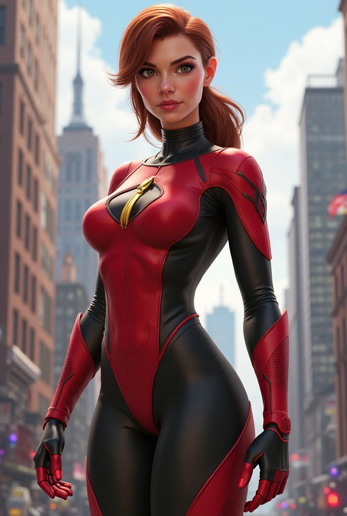(huge breasts:1.0), (sharp focus: 1.5), (ultra detailed),(intricate details), ((Best quality, 8k)), (shiny skin:1.0), (oil skin:1.0), (masterpiece, best quality, highres, high resolution:1.5), (full body portrait:1.5), (Best quality, 8k, Masterpiece :1.3), (realistic, photorealistic: 1.37), (1girl:1.3), Solo, (((Very detailed face)))), ((Very detailed eyes and face)))), Beautiful detail eyes, Body parts__, Official art, Unified 8k wallpaper, Super detailed, beautiful and beautiful, beautiful, masterpiece, best quality, original, masterpiece, super fine photo, best quality, super high resolution, realistic realism, sunlight, full body portrait, amazing beauty, dynamic pose, delicate face, vibrant eyes, (from the front), She wears Spider-Man suit, red and black color scheme, spider, very detailed city roof background, rooftop, overlooking the city, detailed face, detailed complex busy background, messy, gorgeous, milky white, highly detailed skin, realistic skin details, visible pores, clear focus, volumetric fog, 8k uhd, DSLR, high quality, film grain, fair skin, photo realism, lomography, futuristic dystopian megalopolis, translucent, eyes looking at the camera,