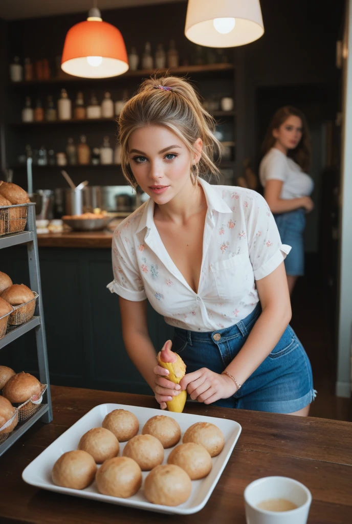 A beautiful European women, smiling, white teeth, holding a plate with sweet rolls, baguette, muffins and breads, wearing evening dress, long dress, cleavage, cafe. She is 24 years old, has blond ponytails and blue eyes. Her cloth is stylish and her overall appearance is stunning. The girl's face is extremely detailed with beautifully detailed lips. Her skin is anatomically correct with realistic textures. The image should have super high details and be of the best quality, with a resolution of 8K. The final result should be a masterpiece, showcasing the girl's beauty and the vibrant atmosphere of cafe