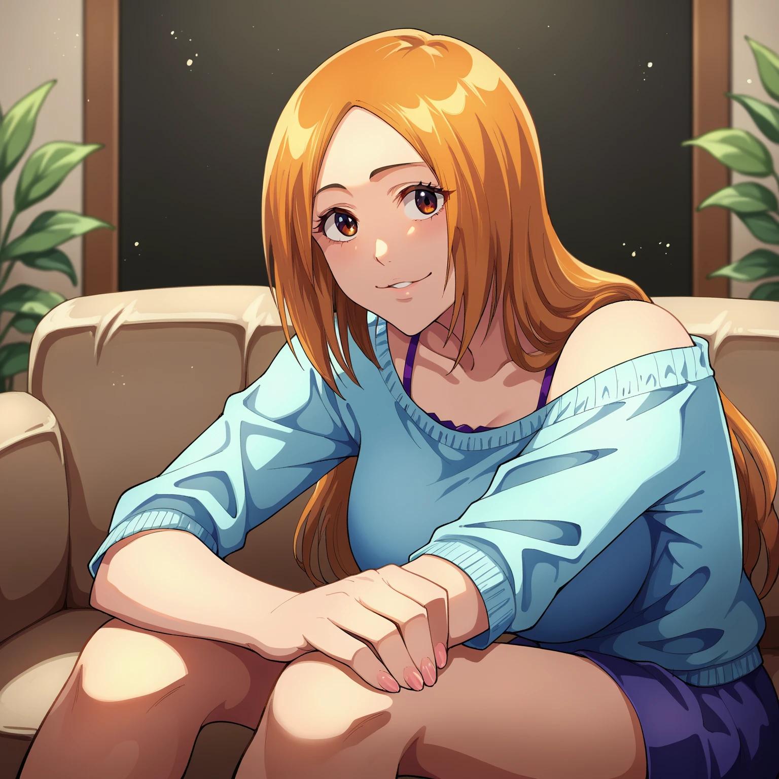 score_9, score_8_acima, score_7_acima, score_6_acima, masterpiece, perfect face, detailed, anime_source, source_anime, room background, histórico detalhado, Orihime and 1man, Orihime, Orihime feliz, homem sem rosto,sitting, sitting side by side, dynamic angle, sofa, linear perspective, looking to the viewer, facing the same direction
