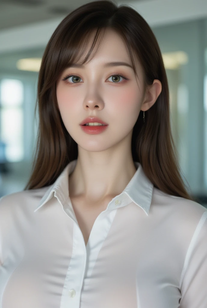 ((highest quality, 8K, masterpiece :1.3)), sharp focus :1.2, beautiful woman with perfect figure :1.4, thin abs :1.2, ((dark brown hair, big breasts :1.2)), (white button up long shirt :1.1), city street:1.2, Highly detailed face and skin texture, fine eyes, double eyelid,smile