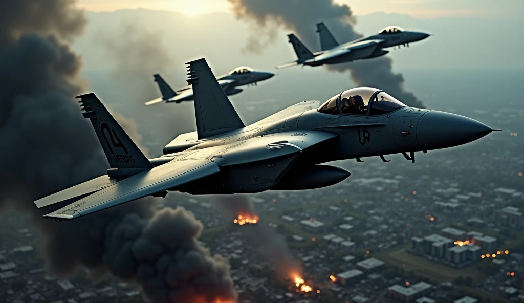 several fighter jets flying in formation over a city and a lake, movie still of a cool cyborg, inspired by Rudy Siswanto, destructible environments, from overlord, realistic aircrafts, flying aircrafts, midair, with octane, planes --auto --s2