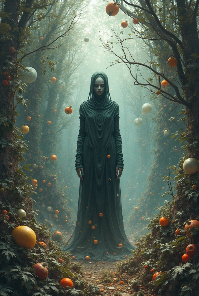 Make a dreamy mysterious horror style image symbolizing the embracement of nature, symbols
