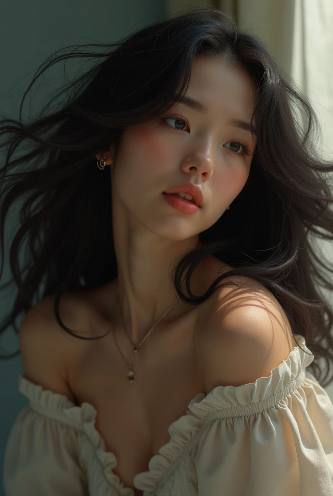 A realistic pretty girl with long hair, asian brown skin