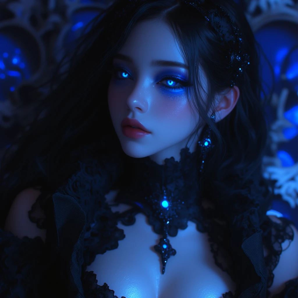 Farewell；panoramic，Realism。A woman in a black dress、Close-up of woman wearing flower crown, dark witch tiara, she is the queen of black roses, Gothic aesthetics, Crown of thorns and roses, Rose thorn crown, wearing gothic accessories, Beautiful and elegant demon queen, gothic horror vibes, cruel korean goth girl, Rococo onyx headdress, Gothic opulence, Gothic Girl, ominous Gothic aesthetics，Solid blue background。