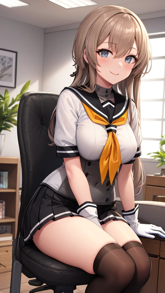 (masterpiece, highest quality:1.4), (Super detailed:1.2), {shape,picturesque}, {studio light, picturesque}, [best shadow],
(KonishiCSA)_(ShizumaCSA)_(HoshiakariCSA), (Alpha CDE)_(Gamma CDE),
break
(perfect anatomy), (symmetrical eyes, Super detailed eyes, beautiful eyes), (sharp eyeliner, Super detailed face, beautiful face), (gray eyes),
break
nice hands, perfect hands, Written by Guido Daniele,
break
1girl, alone,
break
TeruzukiKC, (Teruzuki) uniform, ((black) hachimaki), ((propeller) hair ornaments), (black) sailor collar, (yellow) neckerchief, ((colorful) gloves, (white) gloves, (black) gloves:1.25), (black) pleated skirt, ((white) knee high:1.3), (short sleeve) serafuku, (gray) corset, mini skirt, (white and black) gloves,
break
 カウボーイショット, towards the viewer, smile, open your mouth, blush, (indoor, office, living room),
break
, (squat) (lace panties)spread your legs, raise your legs,flashy underwear, bra