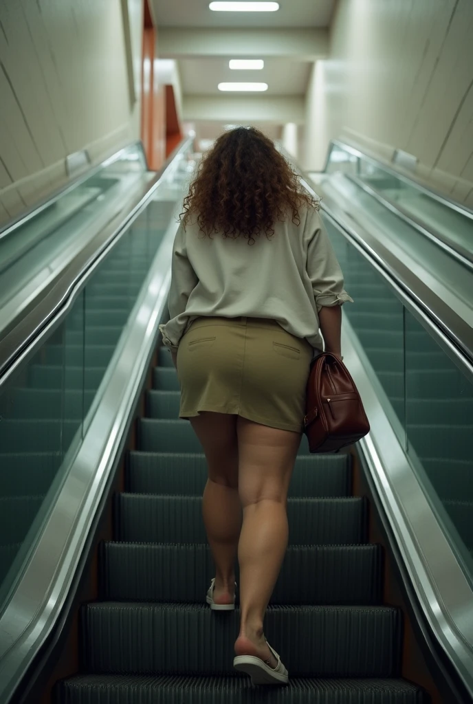 Up Escalator Skirt、short coat、bottom body close up、View from behind、Very low camera angle、Slouched、bent forward
