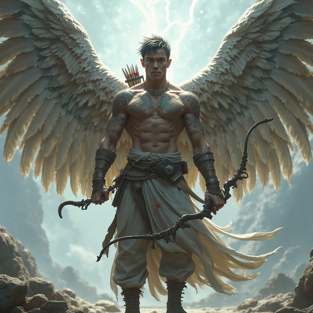 Angel man with a bow aiming his arrow forward (to the viewer) The image has to focus on what is pointing at us with its arrow, and blindfolded, with bare chest, with cold and dark colors, The foreground has to be the arrow and then the boy pointing at us