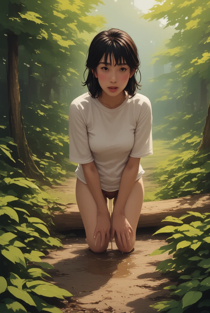 1girl, (solo), long bob hair, black hair, ((white eyes)), serious, blushing, (small breasts), light tanned skin, (naked), (nude), kneeling on rock, vagina view, japanese temple behind, jungle, (days), (very sexy body, detailed face, detailed eyes, masterpiece, highly detailed, 8k, best quality, vibrant colors, digital art, concept art)