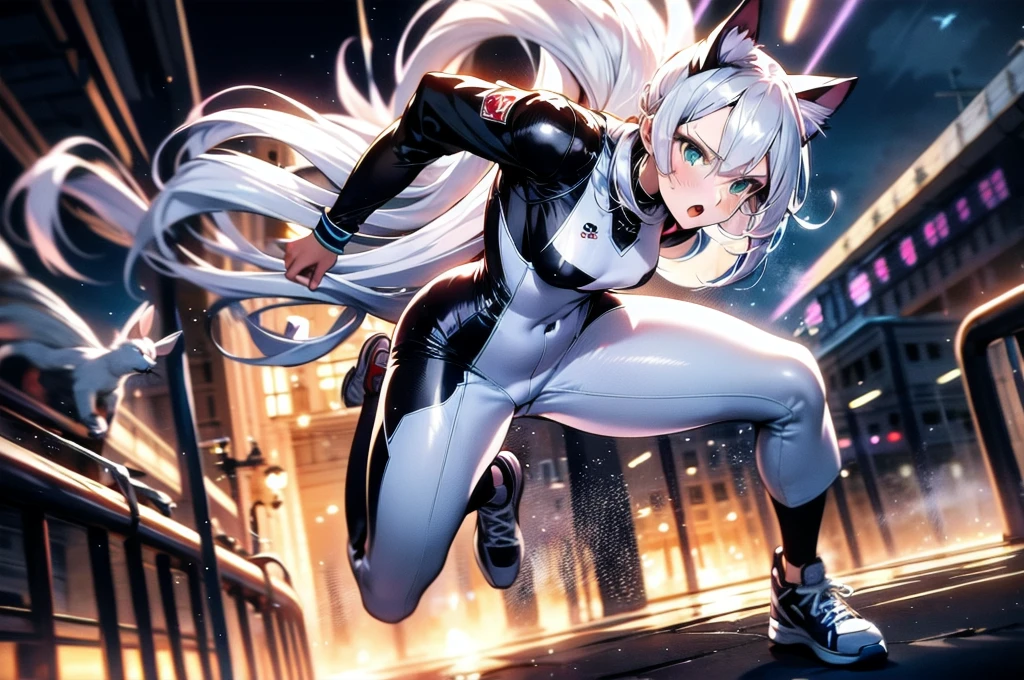fox girl, fox ears, white ears, (((blindfolded))), black blindfold, serious expression, dark blue latex bodysuit, big breasts, slim waist, light blue ambience glow, in a dark city, detailed reflections, white hair, blush, light blue details, fox tail, white tail, black gloves, dark blue boots, dark blue collar, thick thighs, wide hips, buildings, full body, flying