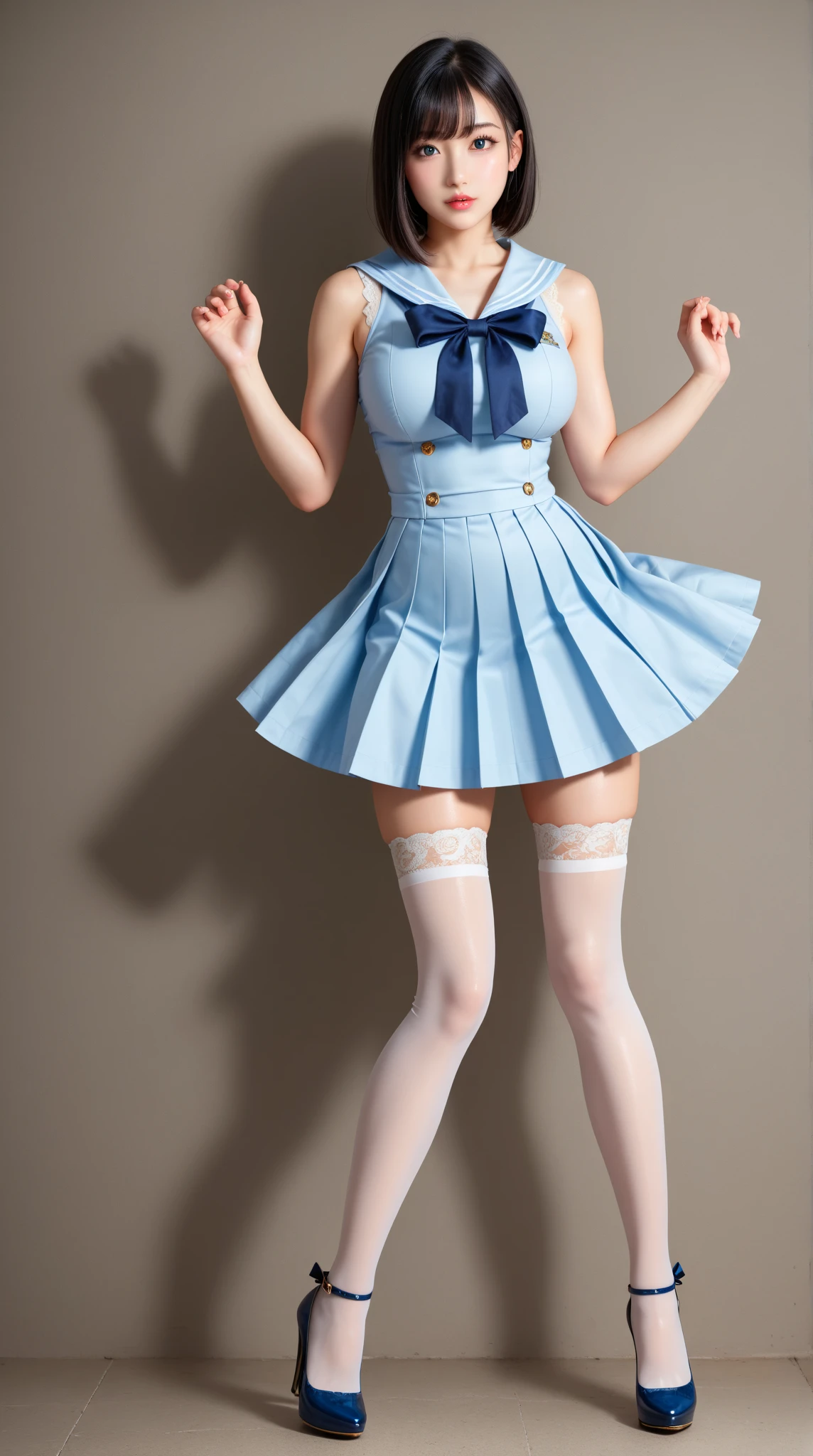 ulzzang-6500-v1.1, (Raw photo:1.2), (Photorealistic:1.4), Beautiful detailed girl, Very detailed eyes and face, Beautiful detailed eyes, Ridiculous, Incredibly ridiculous, Huge file size, Ultra detailed, High resolution, Very detailed, Best quality, Masterpiece, ((One piece decorated with white frills)),illustration, Very detailed, 8k wallpaper, fantastic, fine detail, masterpiece, top quality, highly detailed cg uniform 8k wallpaper, light on face, movie lighting, 16 year old girl, (without panties)), ((dynamic pose))), (white ankle socks), (sitting), white blouse, blue skirt, ruffles, bow tie