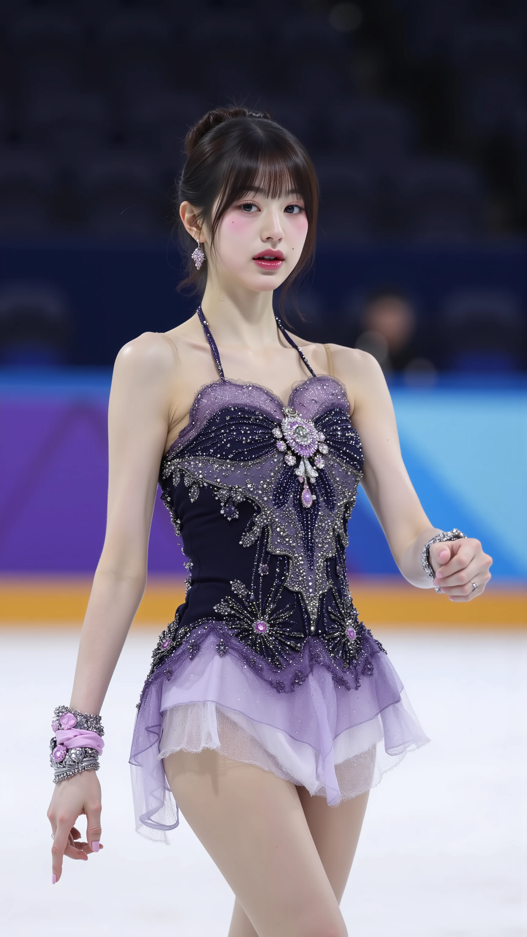 8K, super detail, ultra-detailed, olympic ,ice skating triple axel, ultra realistic solo,woman,(looking at camera), (parted lips,light smile),(shiny skin:1.1),blush, zoom lense, boleh, olimpiade, sexy costume, big breasts, bra, panties, nipple,
(dancing in ice skating rink), (wearing ballet leotard), asian,
skindentation, (slim body), full body, mini skirt, jump, ice skating dance,
gravure photo referenced, best quality, ultra high res, (photorealistic), (detailed face and eyes),