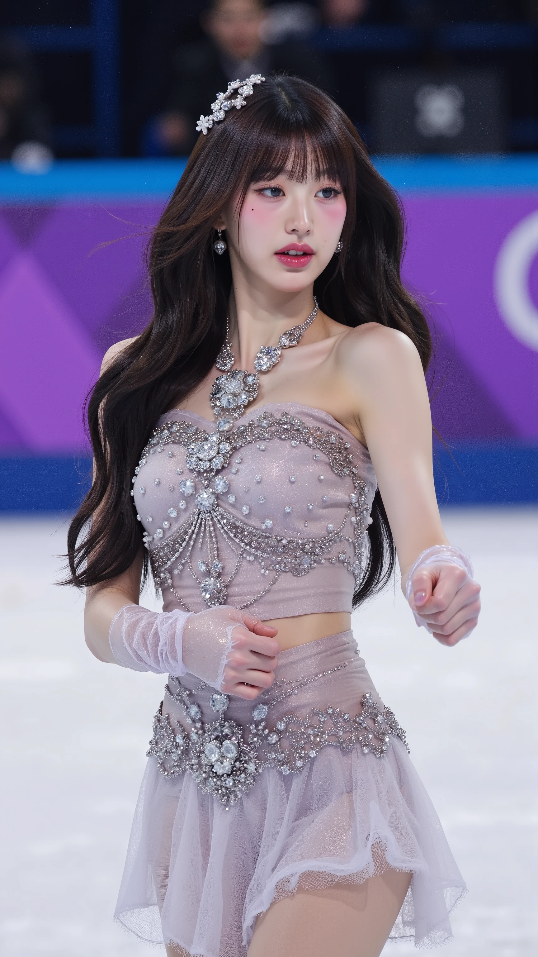 8K, super detail, ultra-detailed, olympic ,ice skating triple axel, ultra realistic solo,woman,(looking at camera), (parted lips,light smile),(shiny skin:1.1),blush, zoom lense, boleh, olimpiade, sexy costume, big breasts, bra, panties, nipple,
(dancing in ice skating rink), (wearing ballet leotard), asian,
skindentation, (slim body), full body, mini skirt, jump, ice skating dance,
gravure photo referenced, best quality, ultra high res, (photorealistic), (detailed face and eyes),