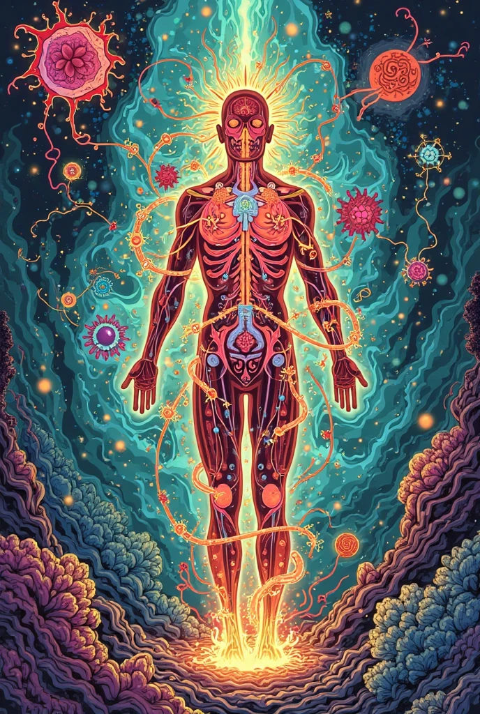 a human body highlighting blood streams. The image must have a psychedelic style, with vibrant colors and abstract patterns that emphasize the complexity and flow of veins and arteries. The overall atmosphere of the illustration should be surreal and psychotic, evoking a sense of mystery and intensity."