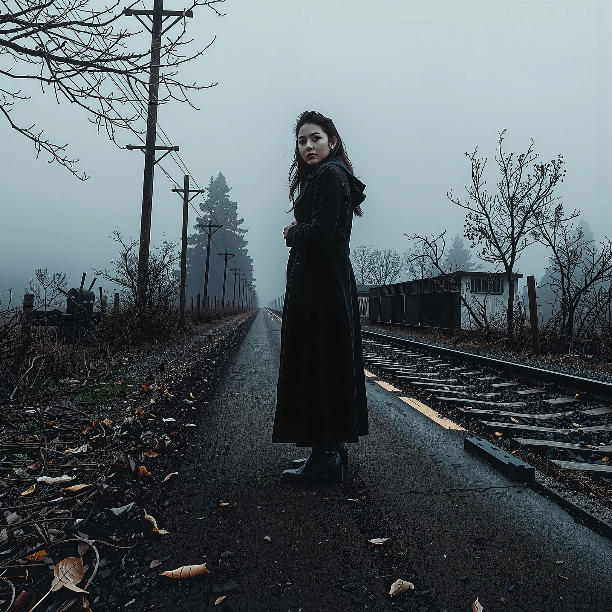 Cinematic photography, eye-level view of a young woman standing on a desolate dirt road covered in dry, scattered leaves. She wears a long, dark overcoat that drapes over her frame, blending with the somber atmosphere. Her body is slightly leaning back, one arm extended behind her, and her head turns to face the camera — her expression a mix of longing and quiet defiance. To her left, an abandoned railway runs parallel to the road, its tracks vanishing into the dense, rolling fog. The steel rails appear cold and lifeless, adding an industrial, forgotten feel to the scene. Barren trees and lifeless shrubs line both sides of the path, their silhouettes softened by the mist. The entire palette is in grayscale — a stark combination of black, white, and every shade of gray in between. The fallen leaves blend seamlessly into the monochrome scene, stripped of all color, heightening the sense of bleakness and solitude. The lighting is soft and diffused, with no harsh shadows, as if the sun is an absent figure behind the fog. Shot from a slightly low angle, the image conveys a sense of movement and isolation. The shallow depth of field keeps the woman in sharp focus while the misty background blurs into obscurity, adding depth and a touch of mystery. The air feels heavy, and the scene exudes a melancholic, cinematic quality.