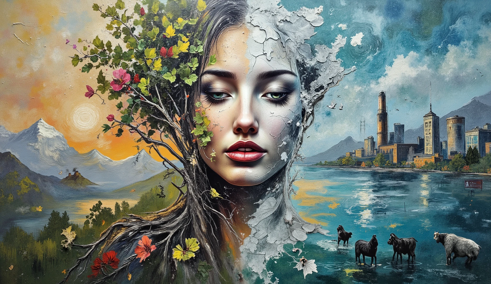 environmental mural of divided Mother Nature figure, half vibrant with leaves and flowers growing from skin, half withering with cracked gray skin, wearing oxygen mask connected to last trees, root-like veins extending into cityscape below, tiny humans causing pollution and protecting environment, background transitions from toxic factory with billowing smoke to restoration attempts, contaminated lake reflecting contrasting skies, endangered animals at her feet, bold mural aesthetics with dramatic ink splashes bleeding across boundaries, Van Gogh swirling textured brushstrokes in sky and nature, somber palette of grays and toxic greens with small touches of hopeful bright colors, visual tension between destruction and resilience, unsettling movement throughout --ar 16:9 --v 6