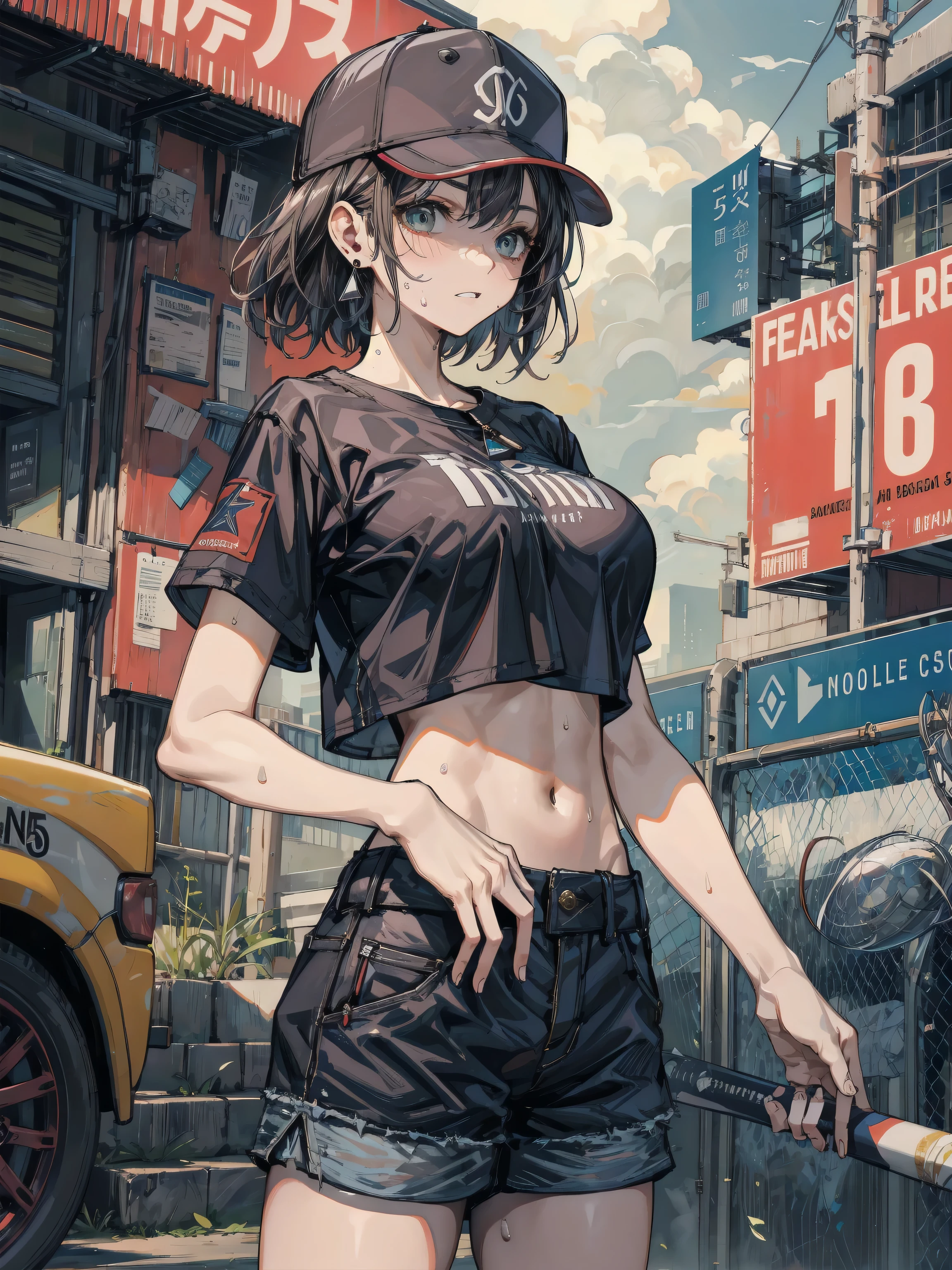 earring, big breasts, short hair, black hair, cowboy shot, sweat, baseball cap, black T-shirt, crop top, shorts,