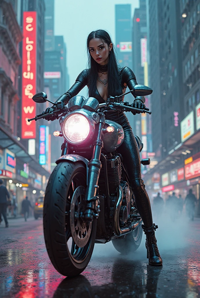 Huntress riding a high-tech motorcycle, Shoot high-tech cannons, Sparks from guns, (1 female, brown eyes, white skin, Twin-tailed black hair, choker, small breasts, skinny, lip whole, compensate, eyeliner, Russia), Wearing black one-piece leather armor, Long leather gloves, long Leather boots, In a cyberpunk town at night, (cyberpunk theme), (masterpiece, highest quality, 8K, sharp focus, written boundary depth, best shadows, perfect light, HDR, realistic skin texture, Ultra-detailed and detailed background), wide shot