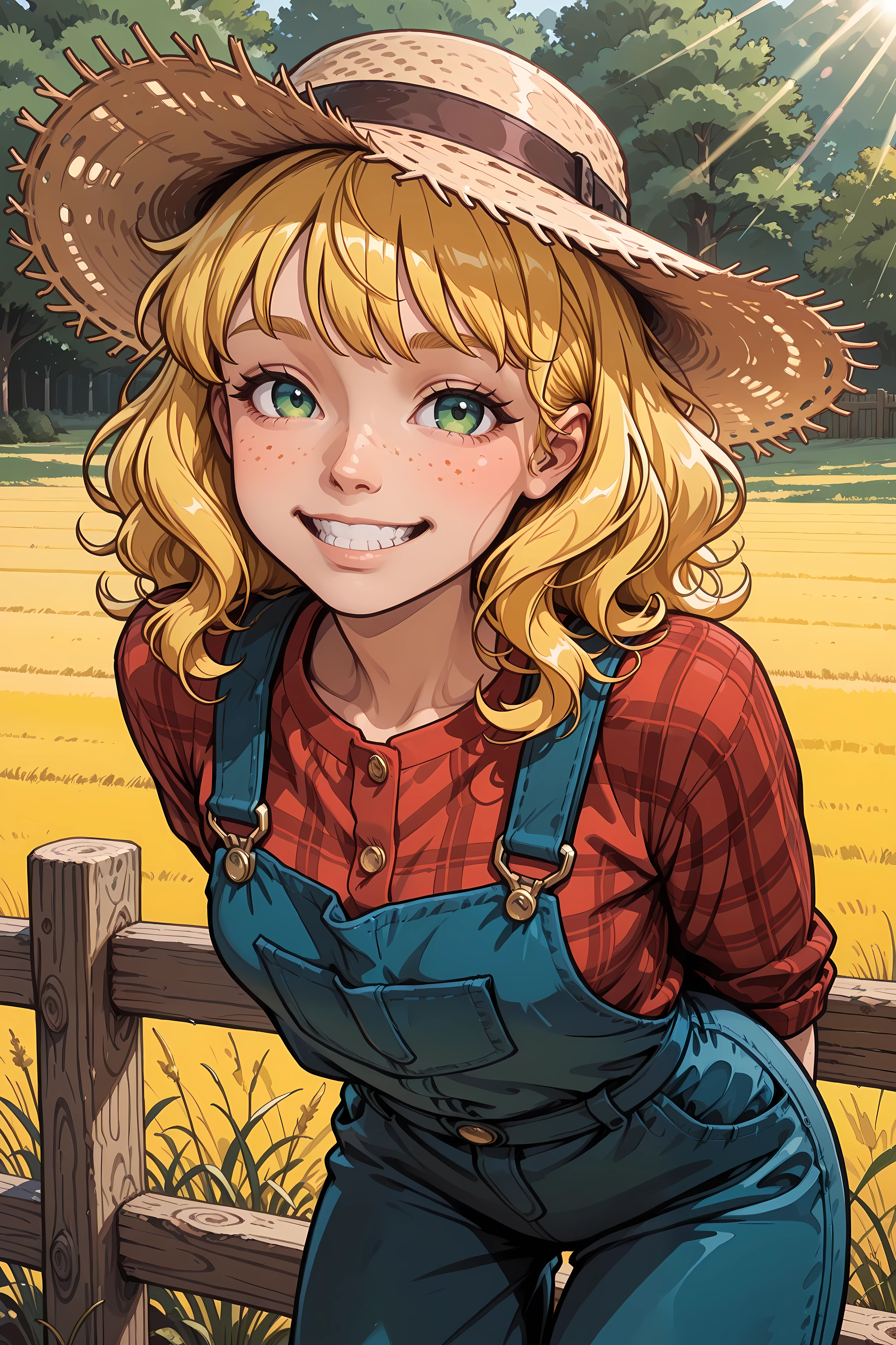 masterpiece, best quality, amazing quality, hyper-detailed, newest, very aesthetic, solo, three-quarter view, upper body, 1girl, yellow hair, wavy hair, green eyes, freckles, smile, grin, looking at viewer, straw hat, plaid shirt, red shirt, blue overalls, arms behind back, against fence, wooden fence, bent over, farm, depth of field, sunshine, sunbeam, absurdres