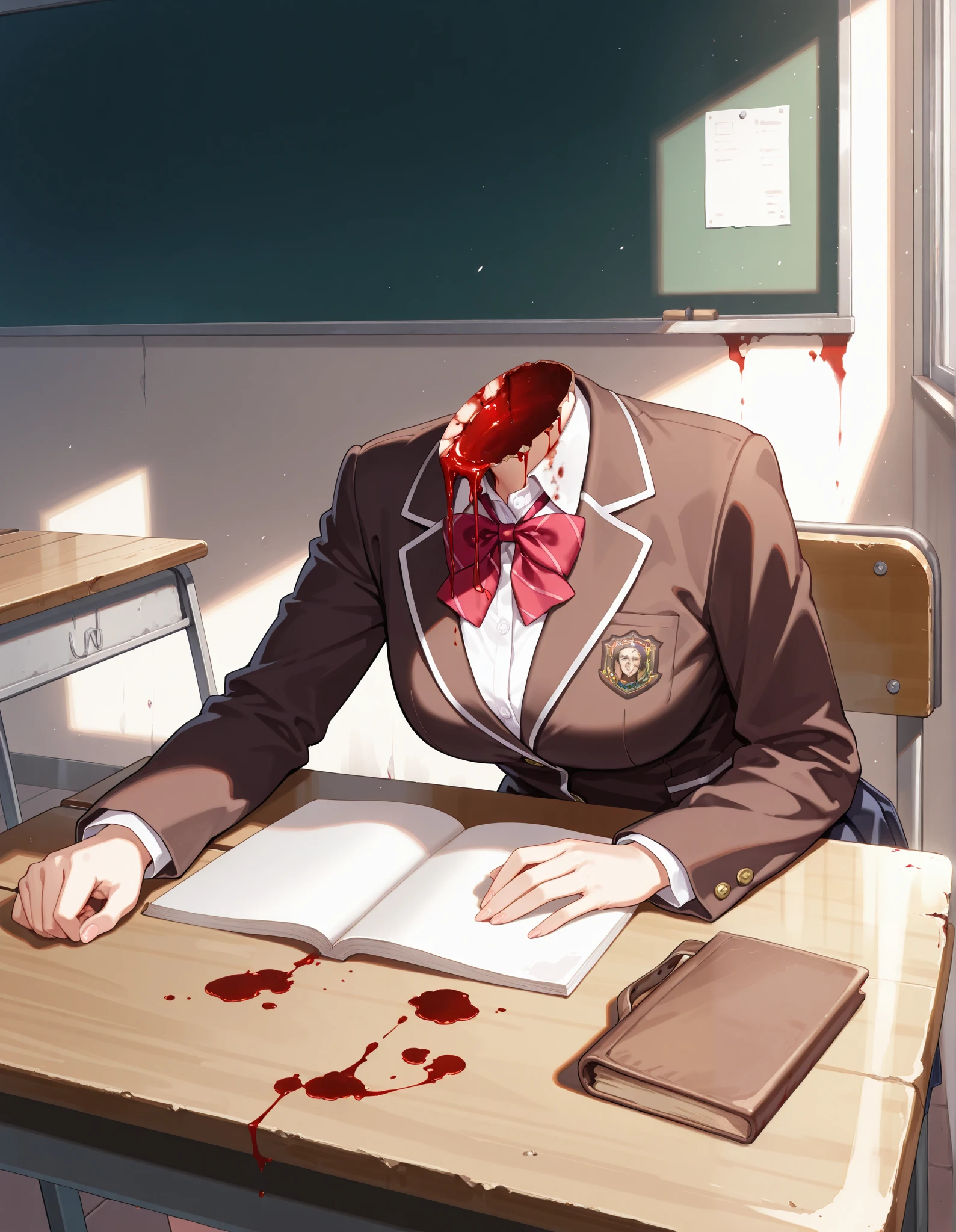 Masterpiece, hd, 2d, anime, gore, (gore:1.3), blood, (blood:1.2), a much of bloods, severed head, missing heads, broken heads, no heads, wearing school uniform, indoor, Sitting, school bench